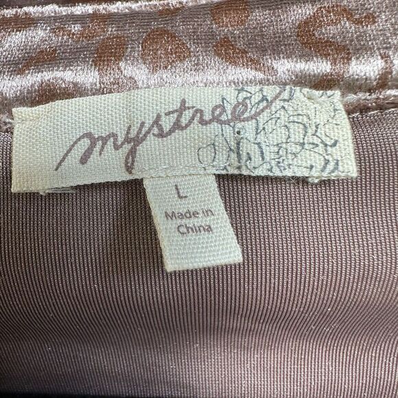 Mystree Velvet Leopard Button Up Top Womens L Boho Neutral Shiny Stretchy Office - Picture 3 of 10